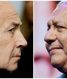 צילום: Amir Cohen/רויטרס A combination picture shows Israeli Prime Minister Benjamin Netanyahu as he attends a memorial service held for Ran Gvili, an off-duty police officer who was killed fighting militants that had infiltrated Israel during the deadly October 7, 2023, attack by Hamas, and the last hostage recovered from Gaza, in Meitar, Israel, January 28, 2026, and Israeli opposition leader and former military chief, Gadi Eisenkot, as he launches an election campaign for Yashar, his new political party, at an event near Hod Hasharon, Israel, June 30, 2026. REUTERS/Amir Cohen